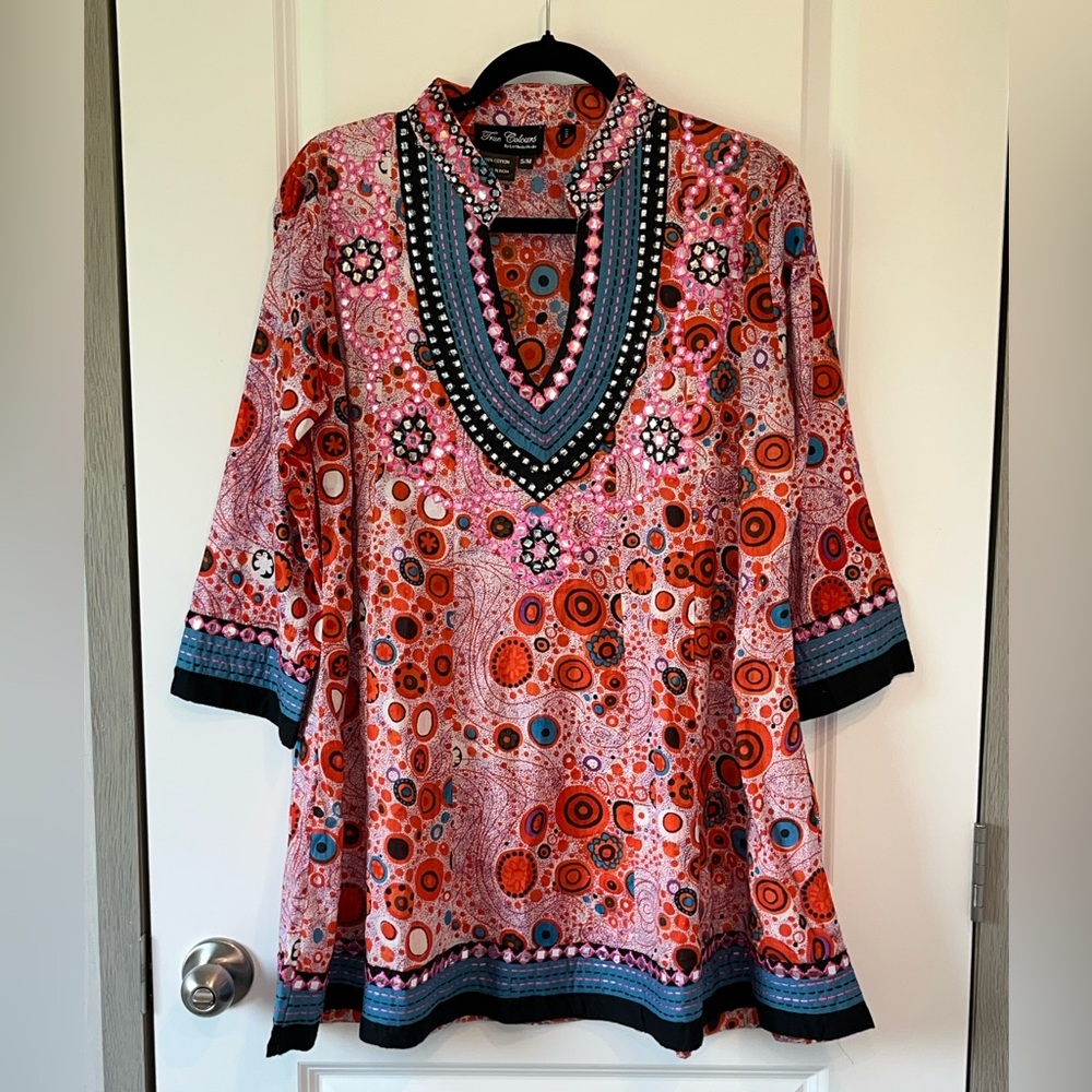 True Colours by La Moda Hindu Multi Color Shirt Dress Size S/M 100% Cotton